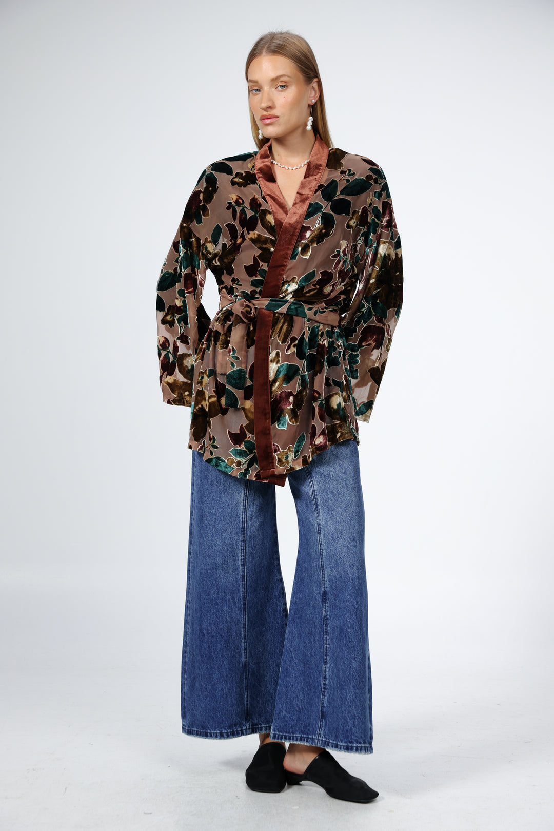 Brown Floral Velvet Kimono