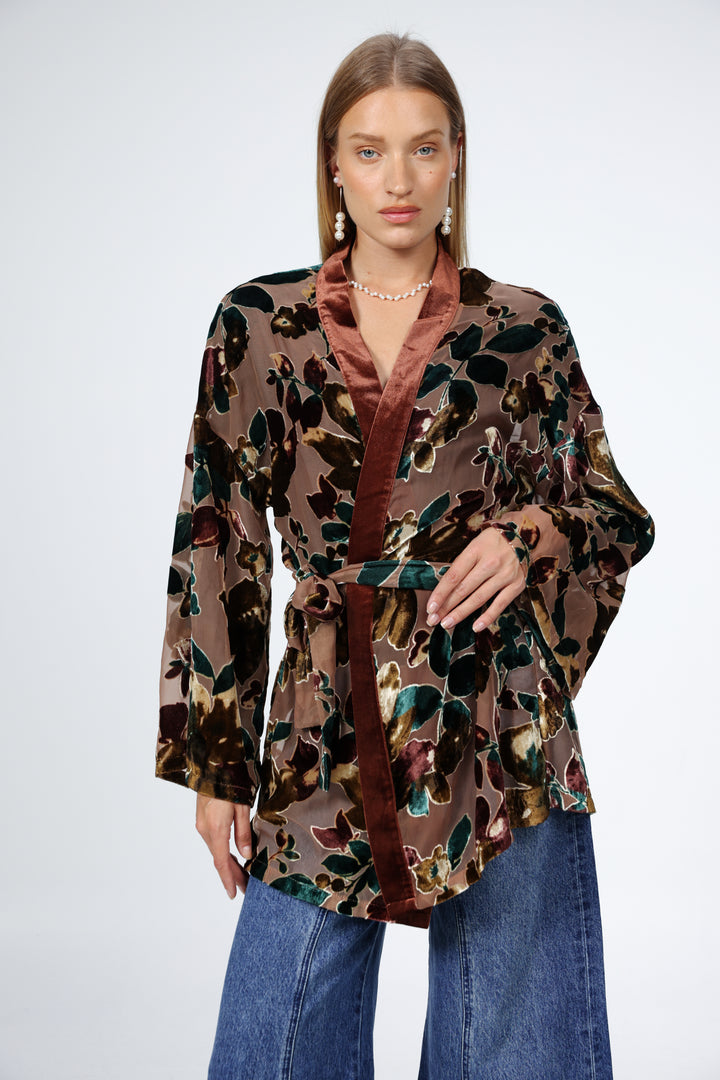 Brown Floral Velvet Kimono