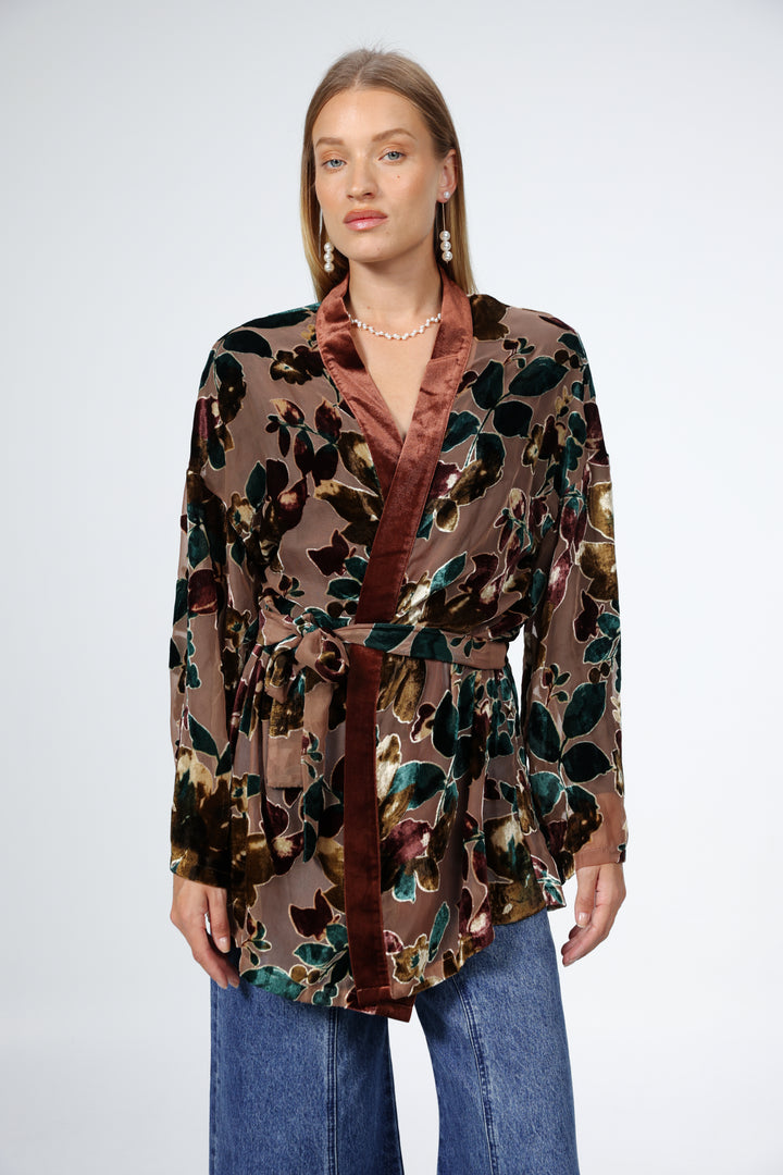 Brown Floral Velvet Kimono