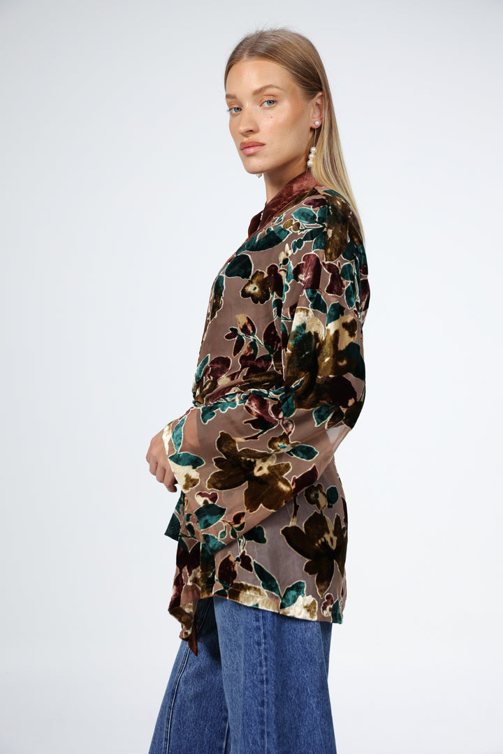 Brown Floral Velvet Kimono