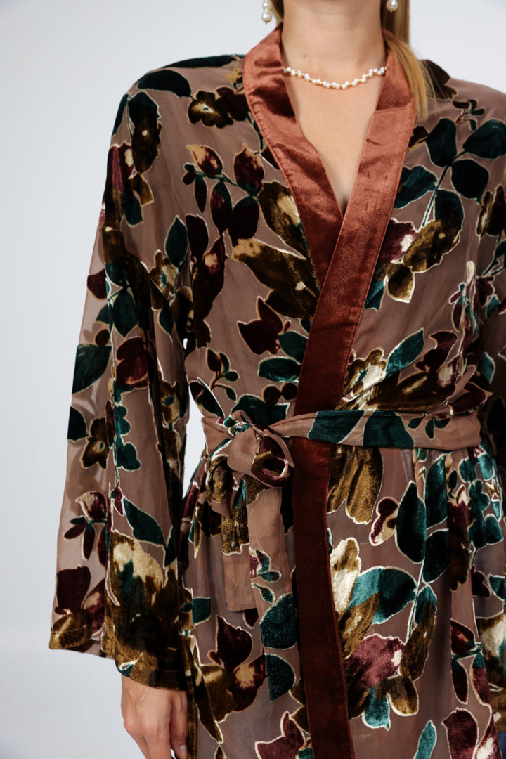 Brown Floral Velvet Kimono