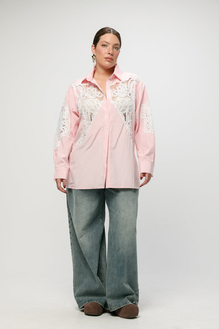 Lace Panel Light Pink Striped Shirt