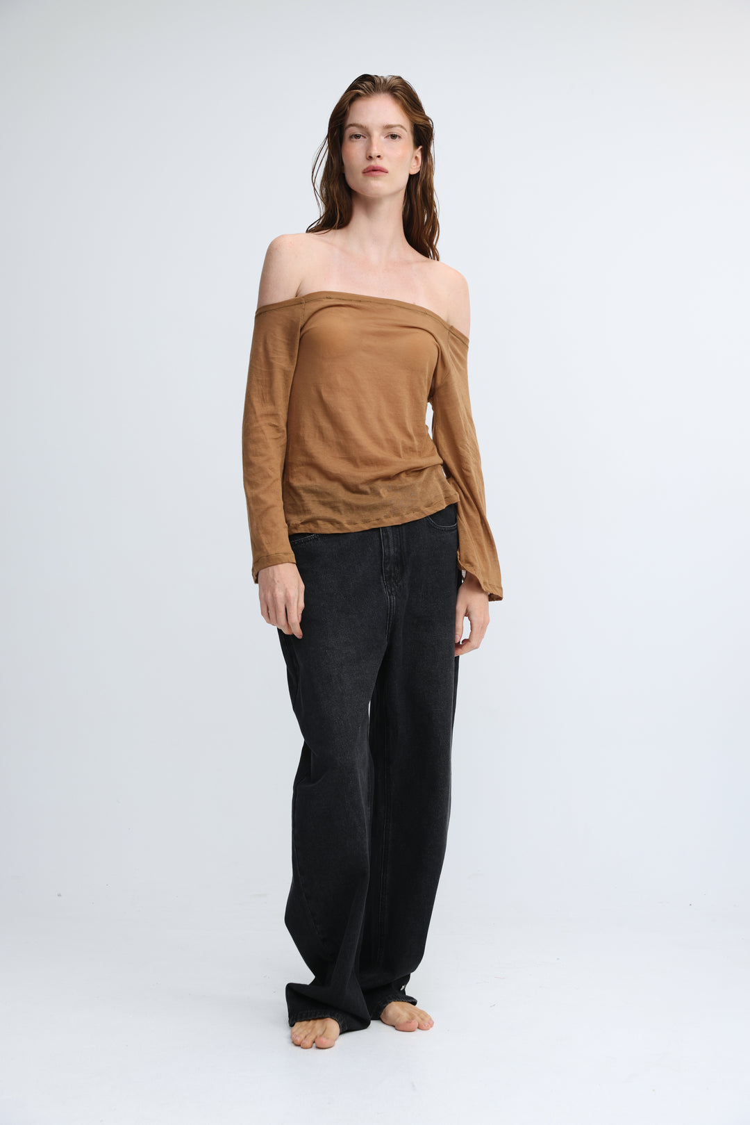Clean64 Off Brown Sheer Shoulder Shirt