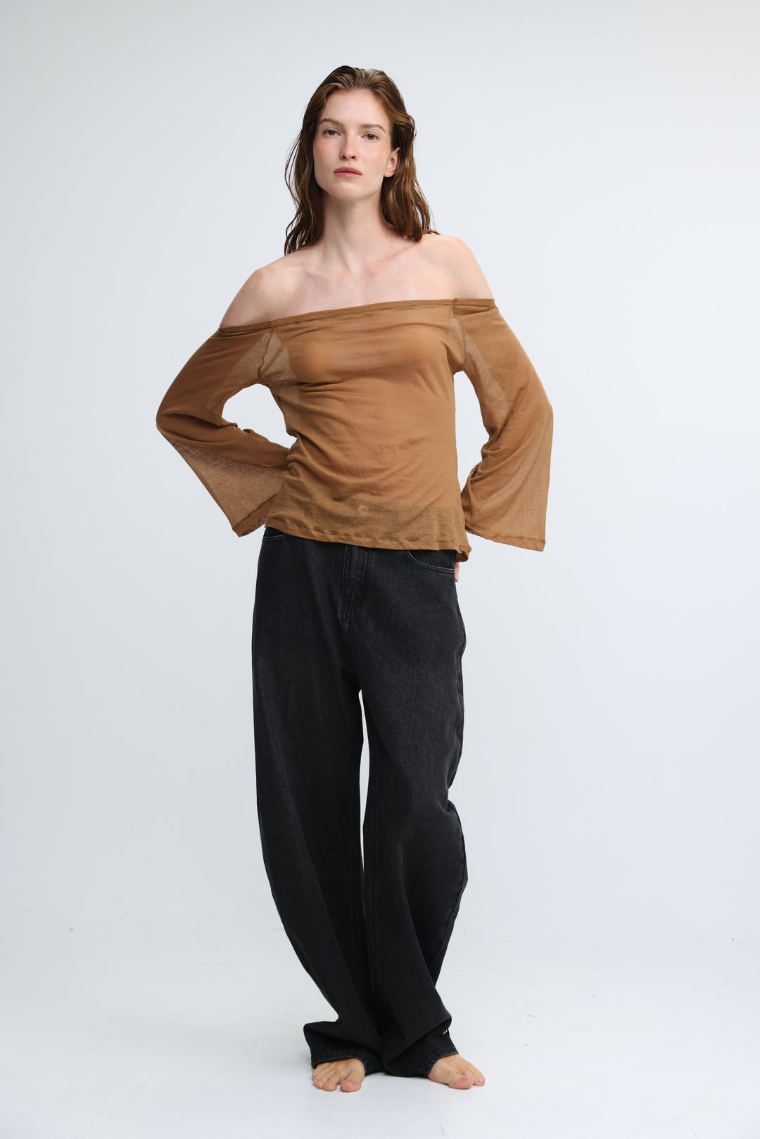 Clean64 Off Brown Sheer Shoulder Shirt