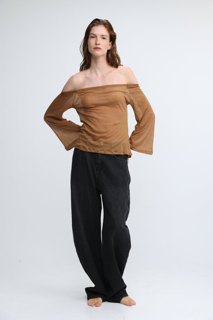 Clean64 Off Brown Sheer Shoulder Shirt