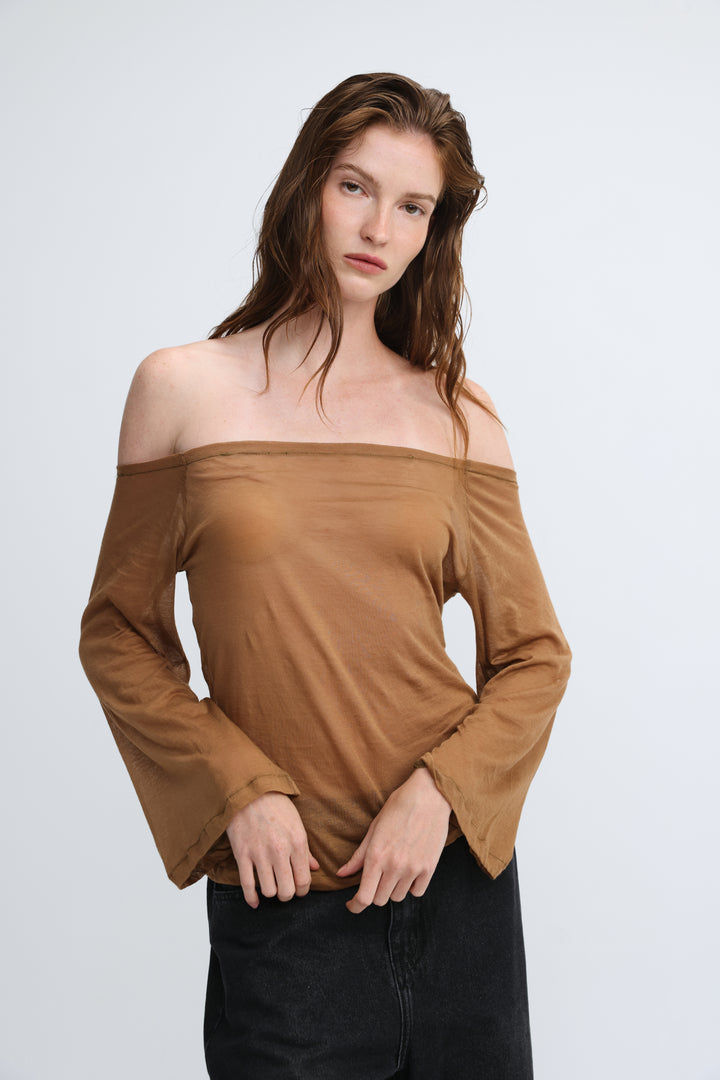 Clean64 Off Brown Sheer Shoulder Shirt