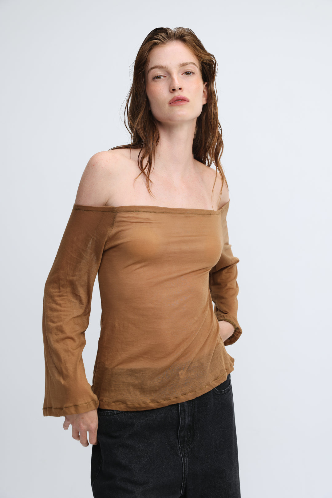Clean64 Off Brown Sheer Shoulder Shirt