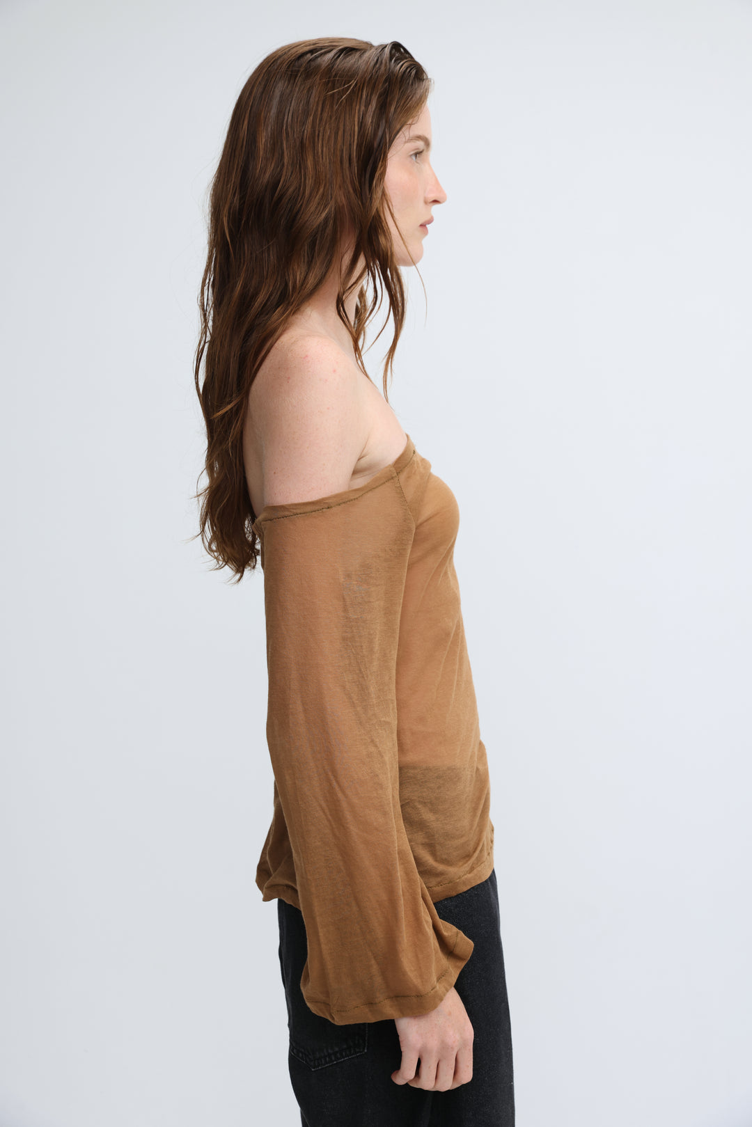 Clean64 Off Brown Sheer Shoulder Shirt