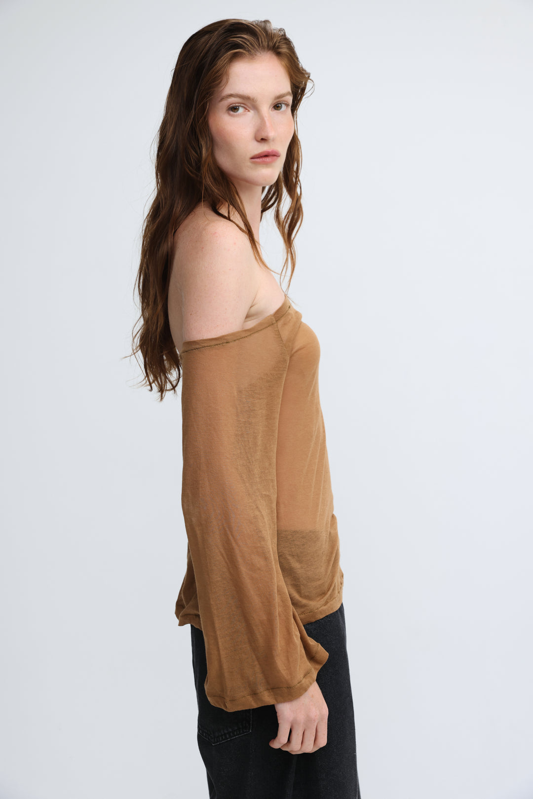 Clean64 Off Brown Sheer Shoulder Shirt