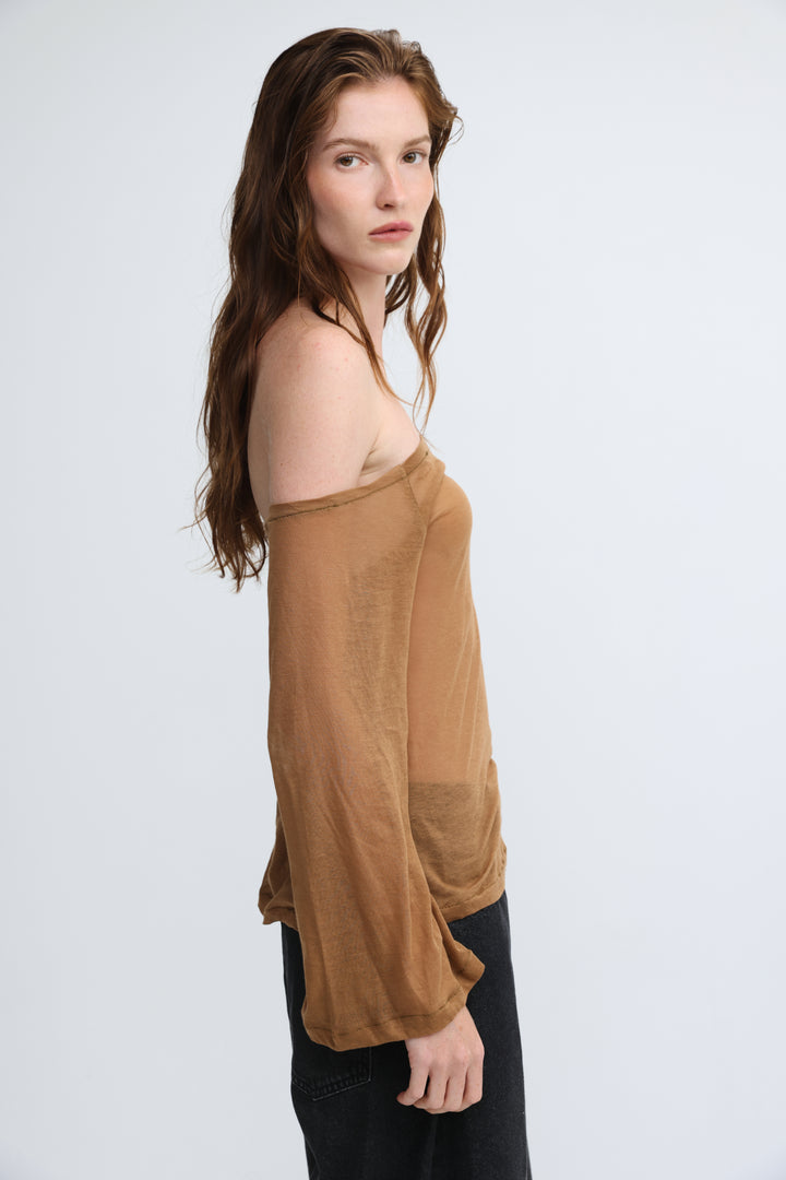 Clean64 Off Brown Sheer Shoulder Shirt