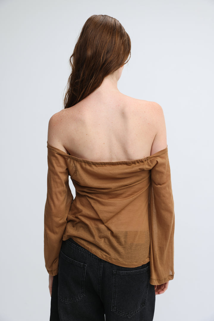 Clean64 Off Brown Sheer Shoulder Shirt