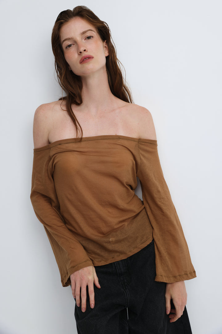 Clean64 Off Brown Sheer Shoulder Shirt