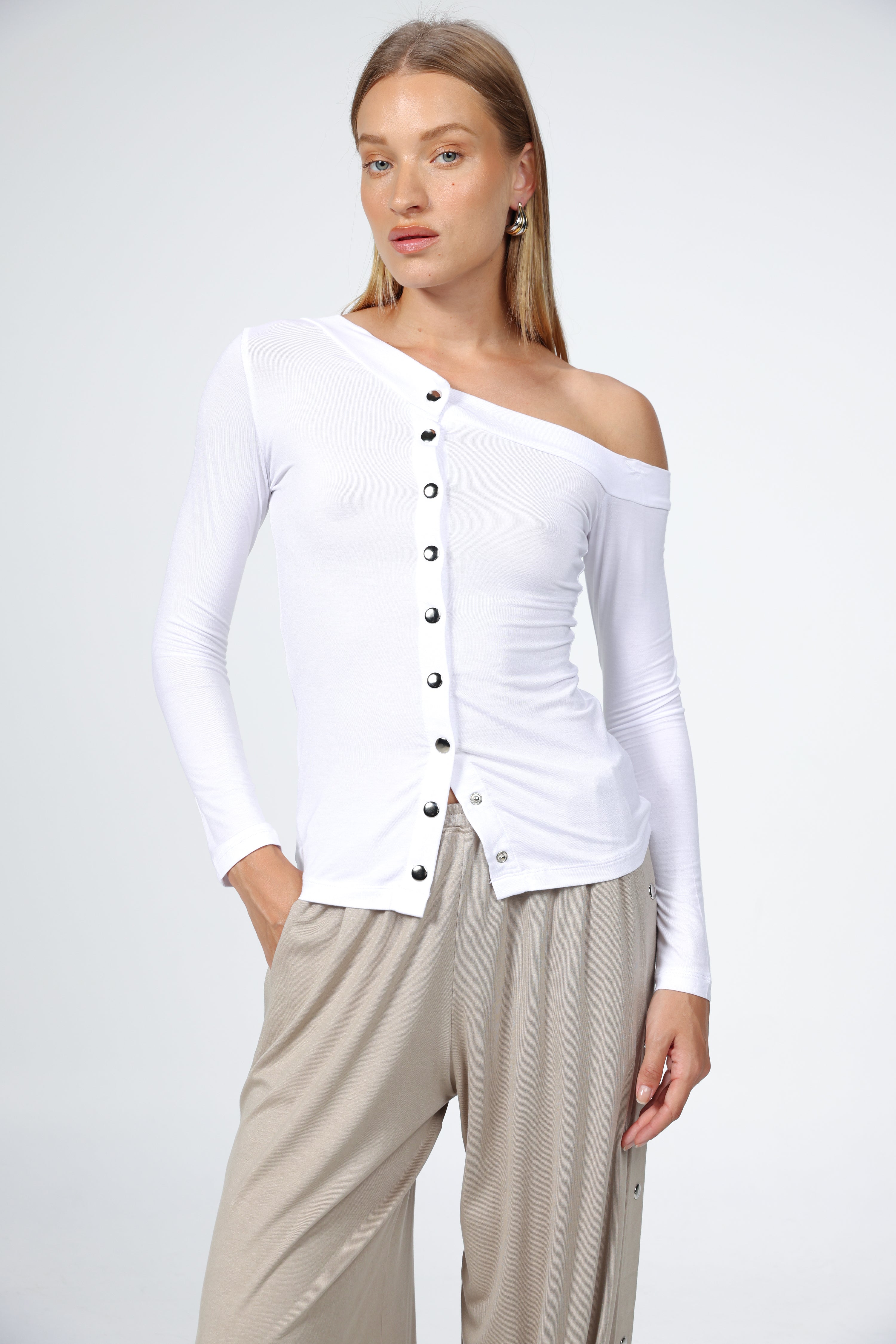 Luna Snaps White One Shoulder Top – SEESTARZ