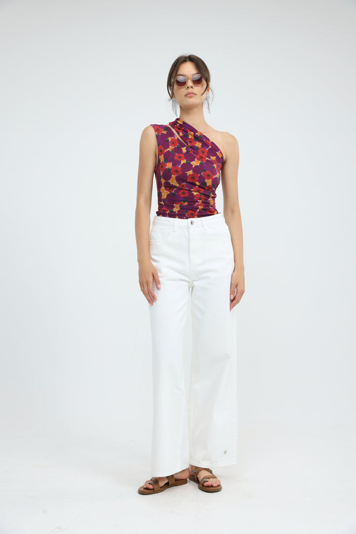 Fade Red Floral One Shoulder Top