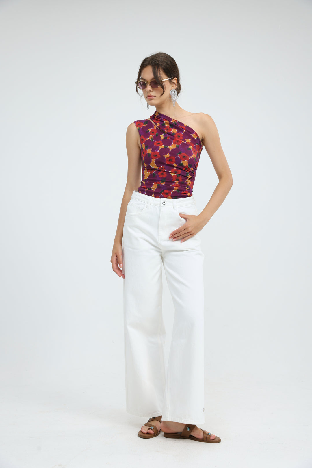 Fade Red Floral One Shoulder Top