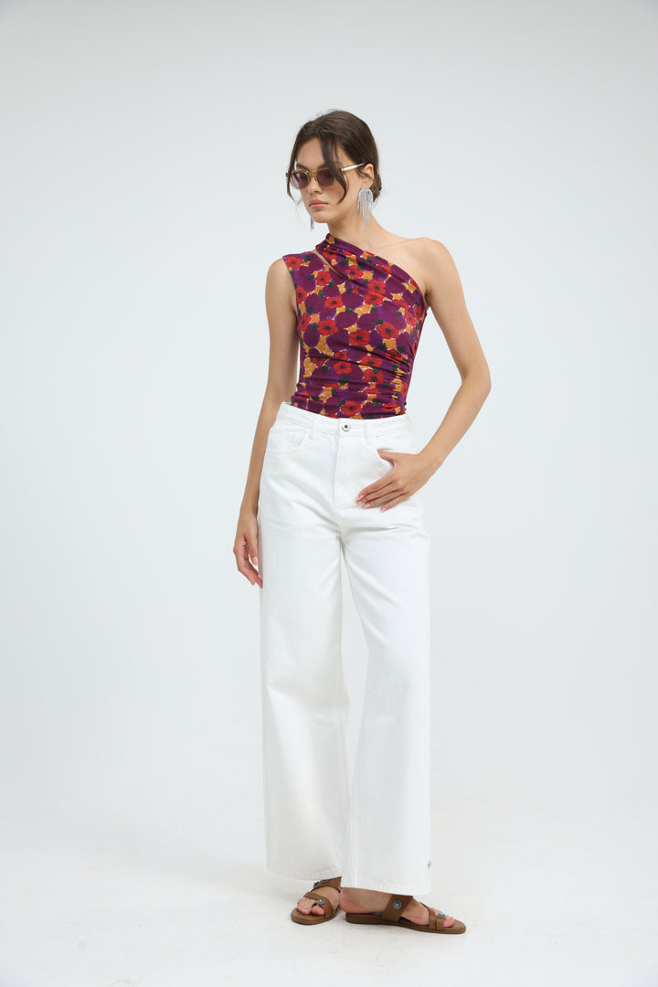 Fade Red Floral One Shoulder Top