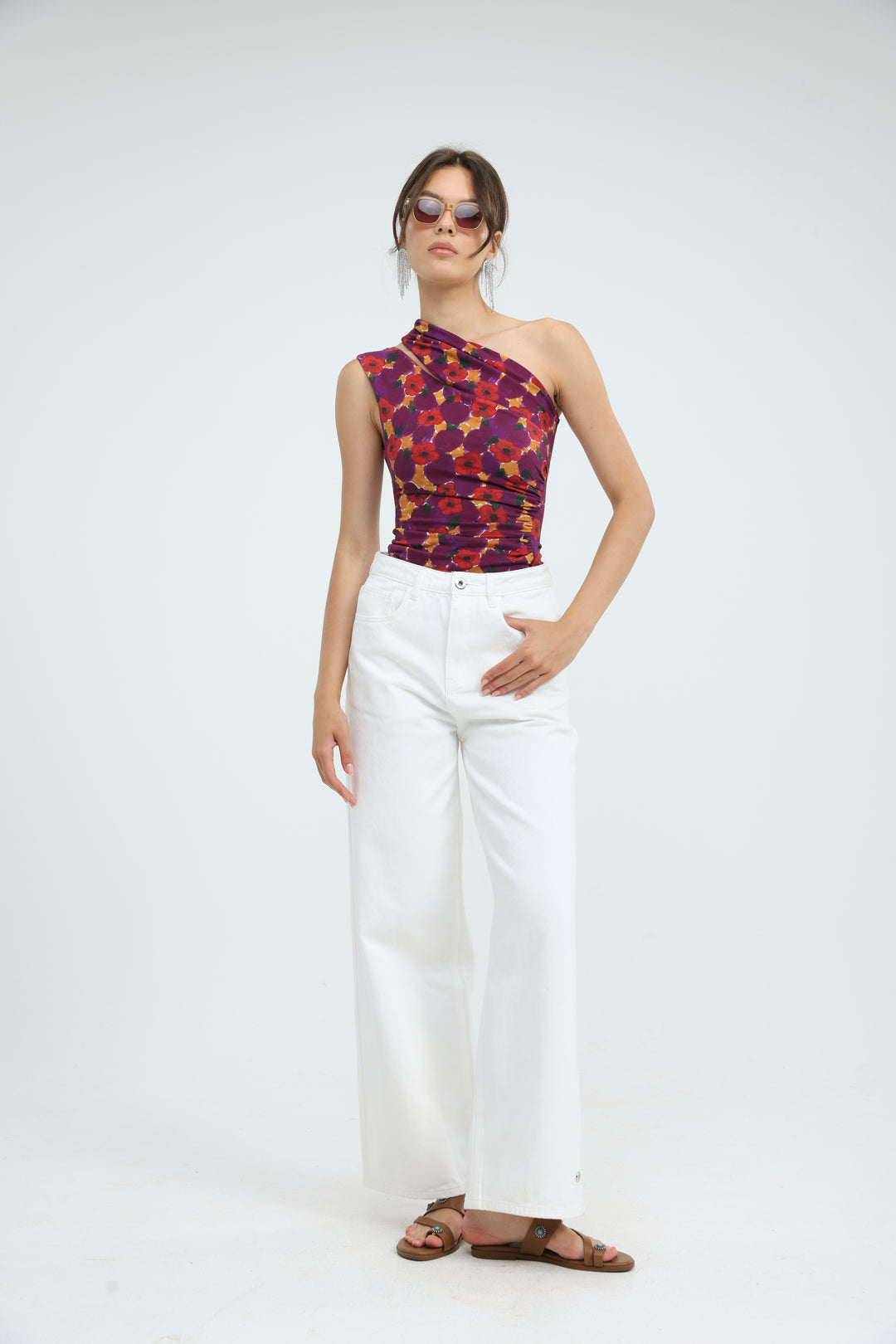 Fade Red Floral One Shoulder Top