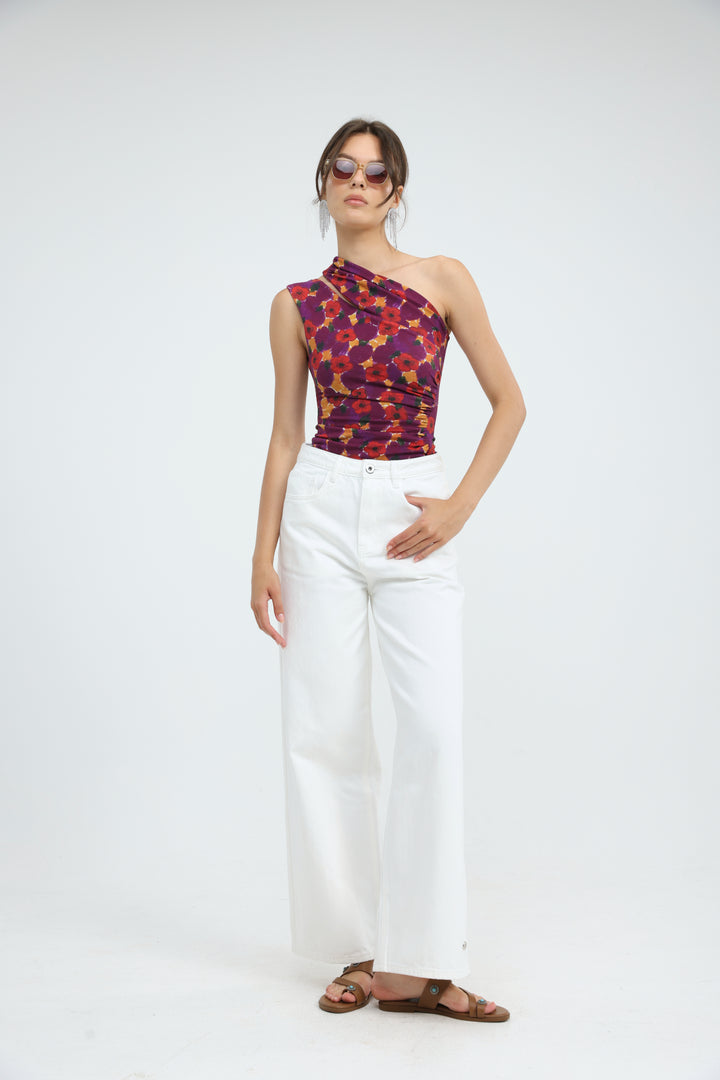 Fade Red Floral One Shoulder Top