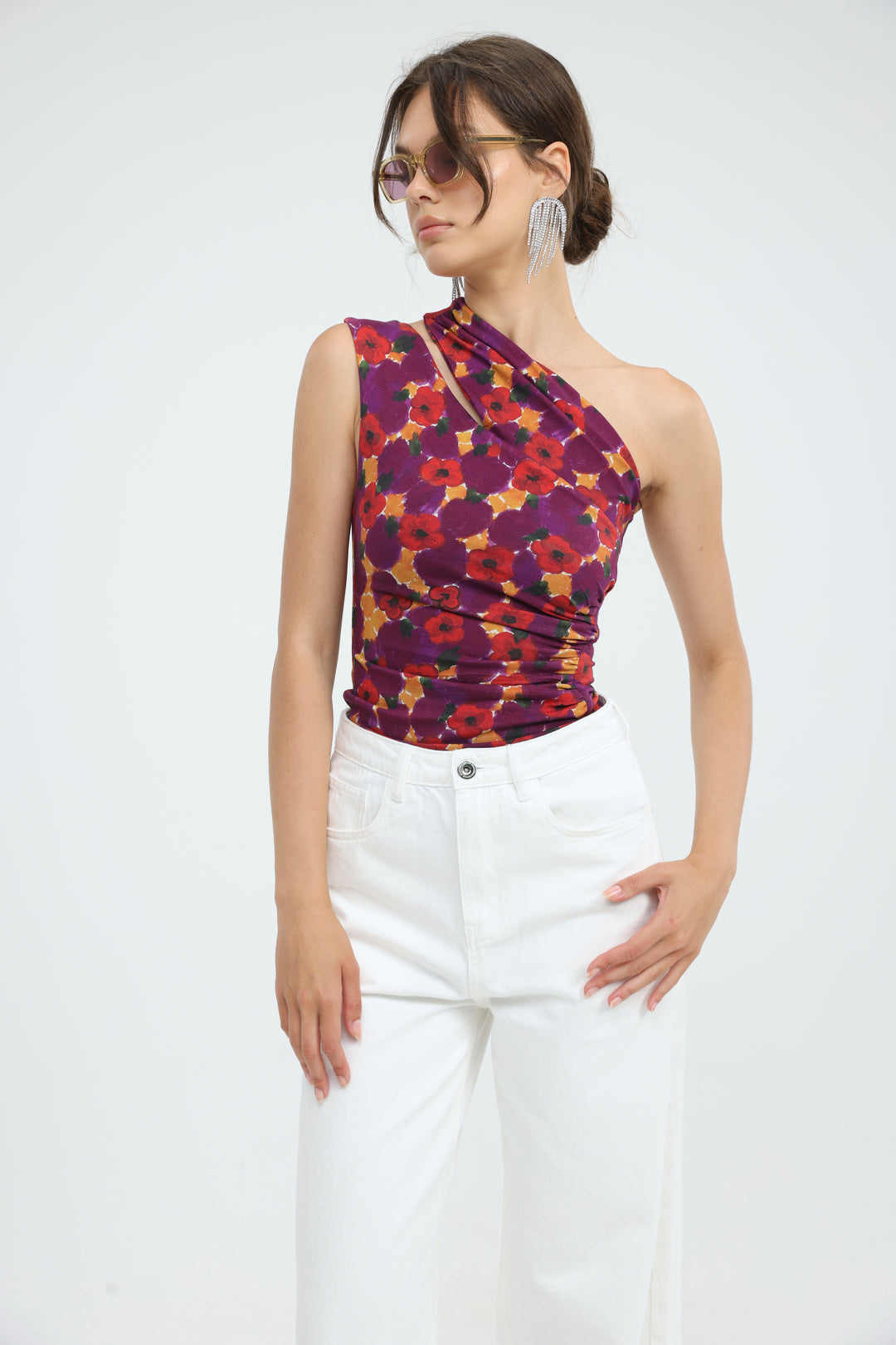 Fade Red Floral One Shoulder Top