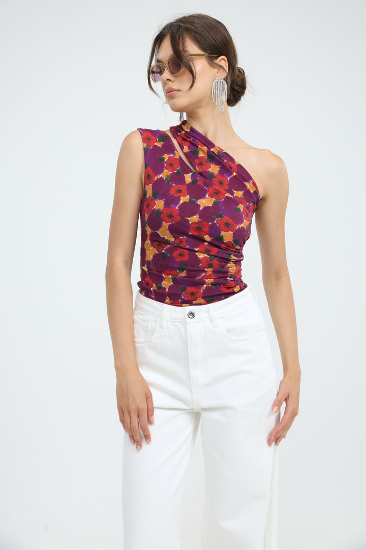 Fade Red Floral One Shoulder Top