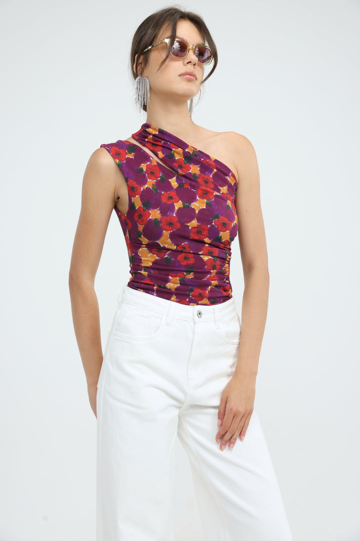 Fade Red Floral One Shoulder Top
