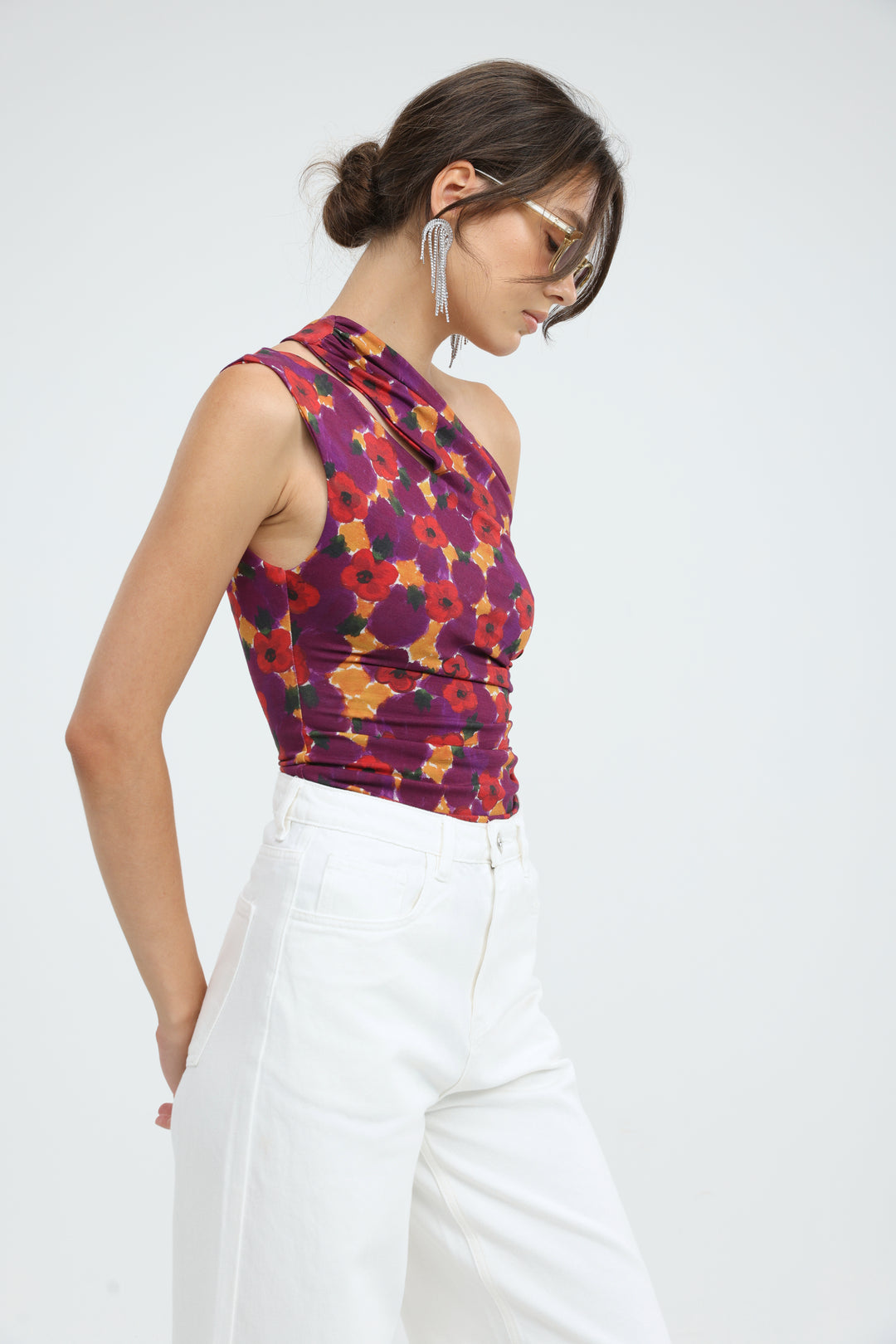 Fade Red Floral One Shoulder Top