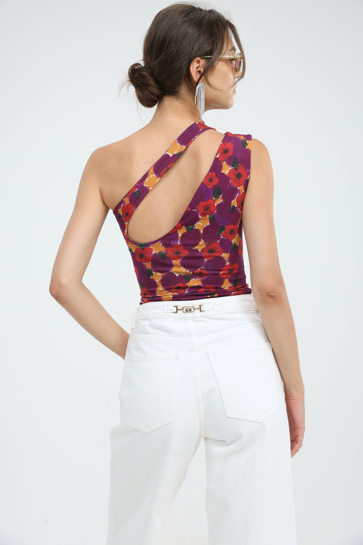 Fade Red Floral One Shoulder Top