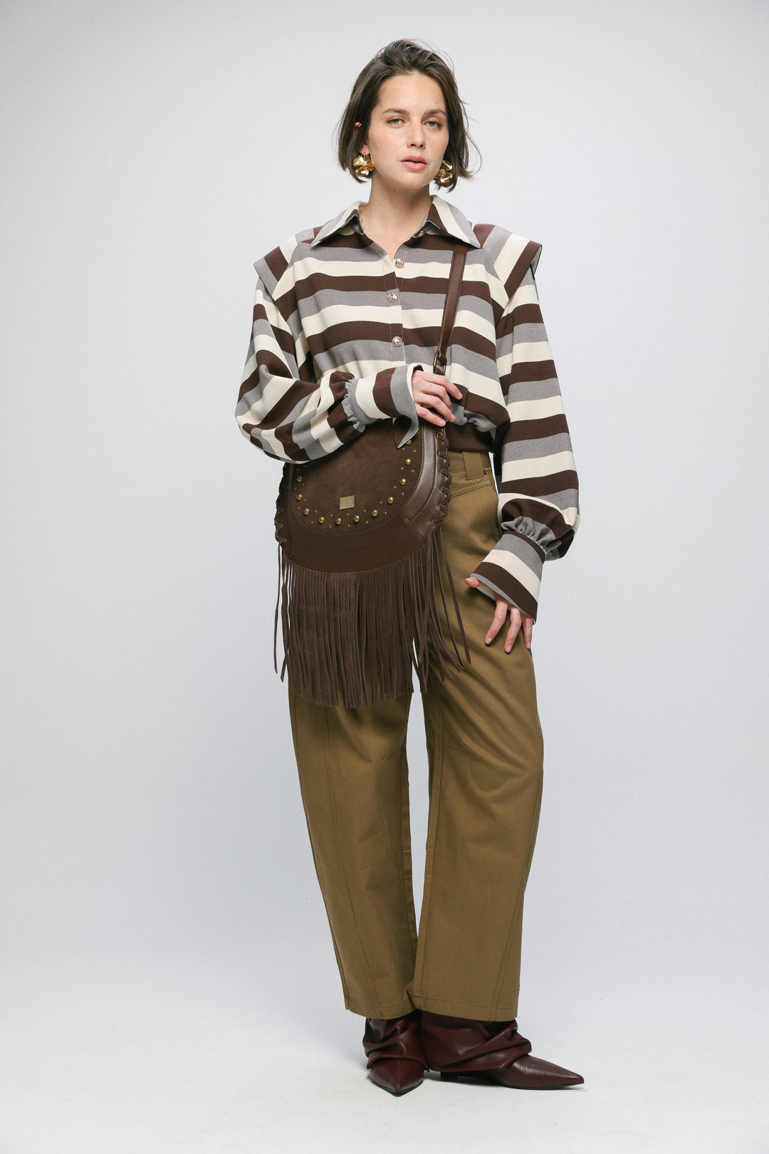 Fringe & Stud Brown Side Bag