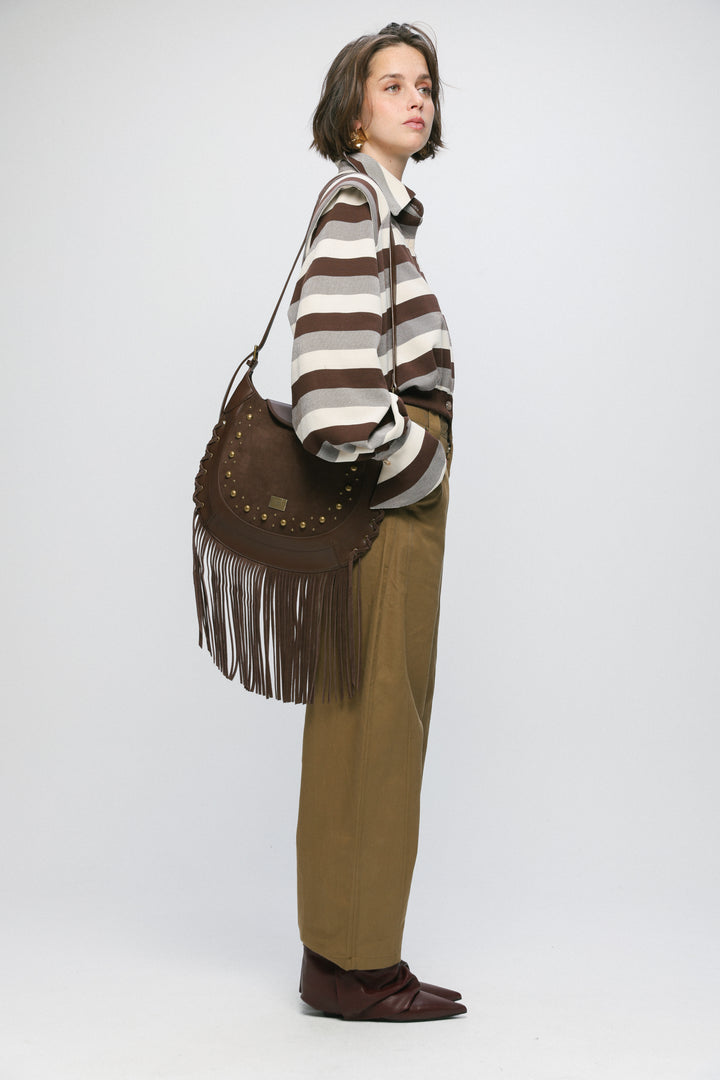 Fringe & Stud Brown Side Bag