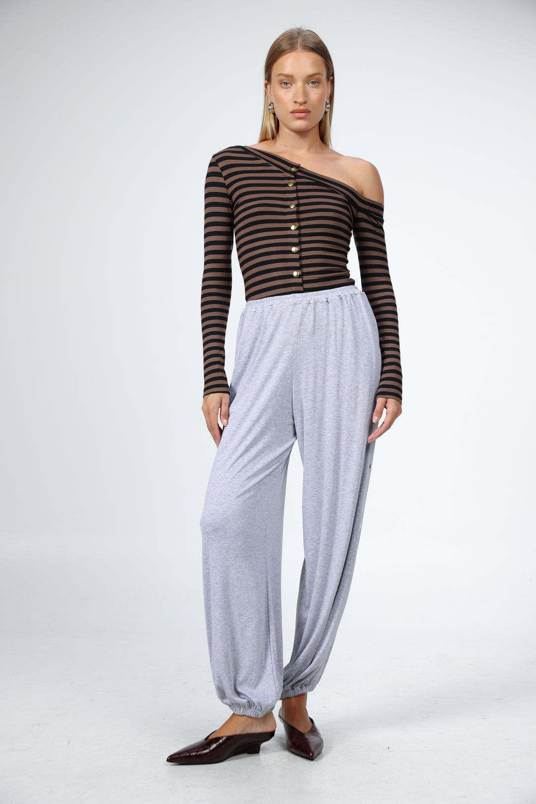 Luna Snaps Brown Stripes One Shoulder Top