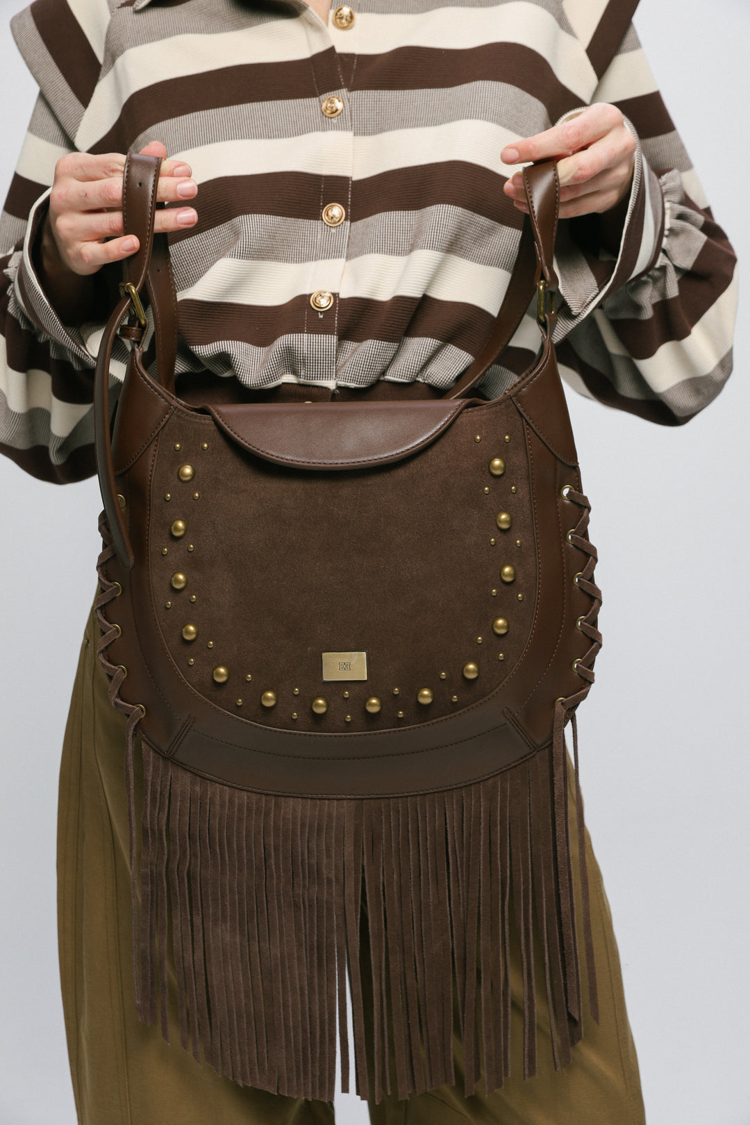 Fringe & Stud Brown Side Bag