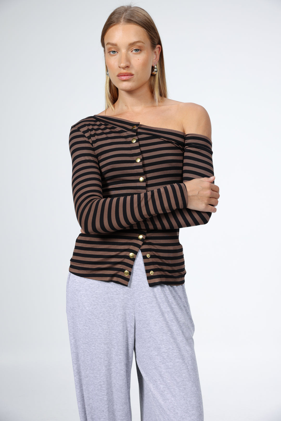 Luna Snaps Brown Stripes One Shoulder Top
