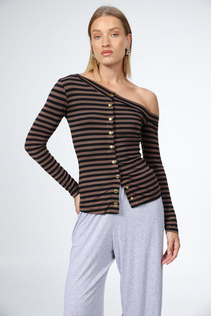 Luna Snaps Brown Stripes One Shoulder Top