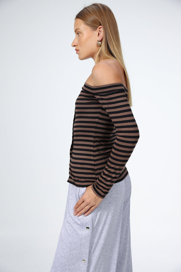 Luna Snaps Brown Stripes One Shoulder Top