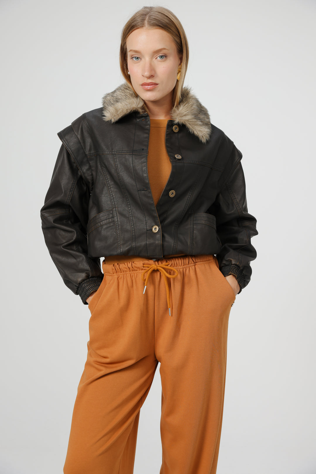 Fifth Brown Faux Leather Jacket