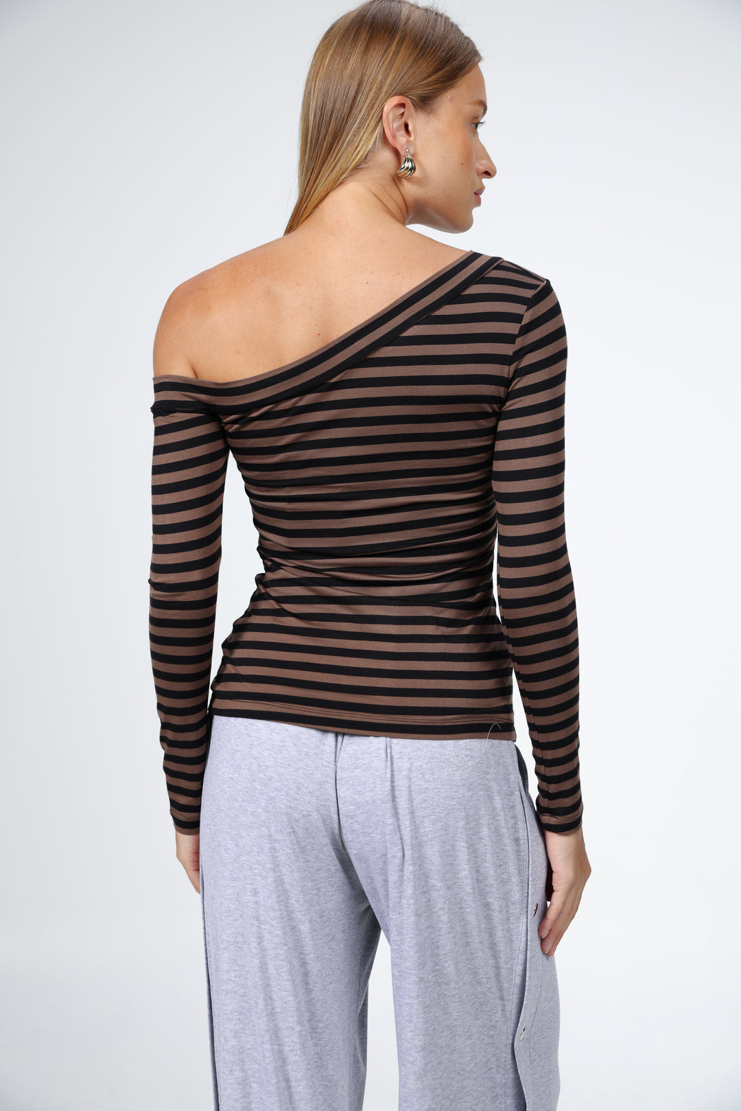 Luna Snaps Brown Stripes One Shoulder Top