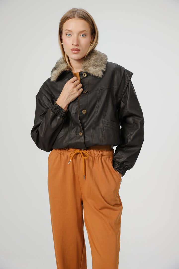 Fifth Brown Faux Leather Jacket