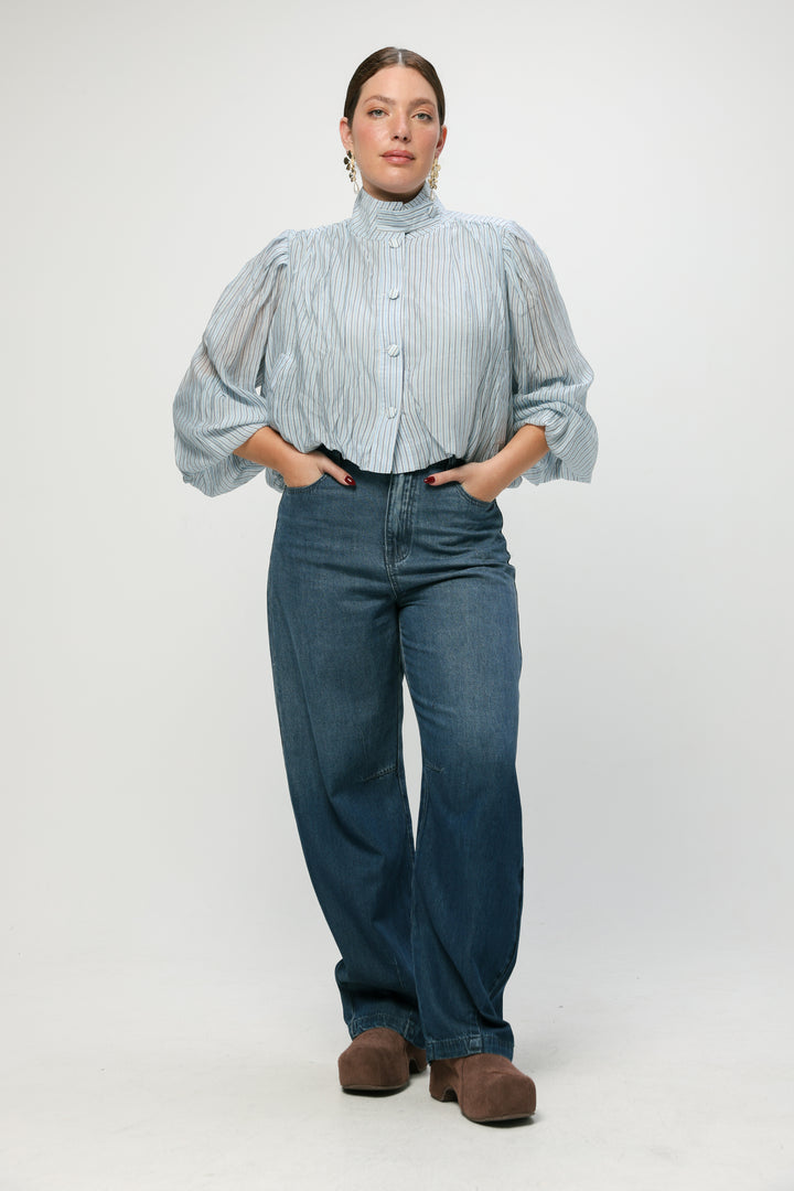 Light Blue Striped Balloon Blouse