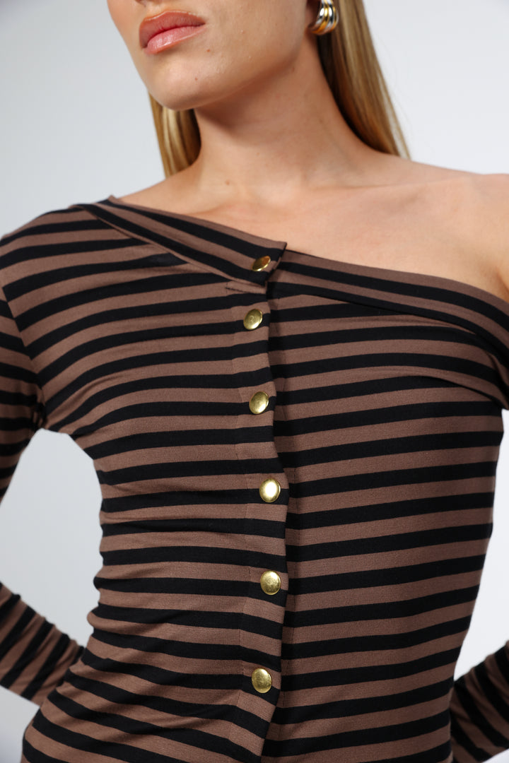 Luna Snaps Brown Stripes One Shoulder Top