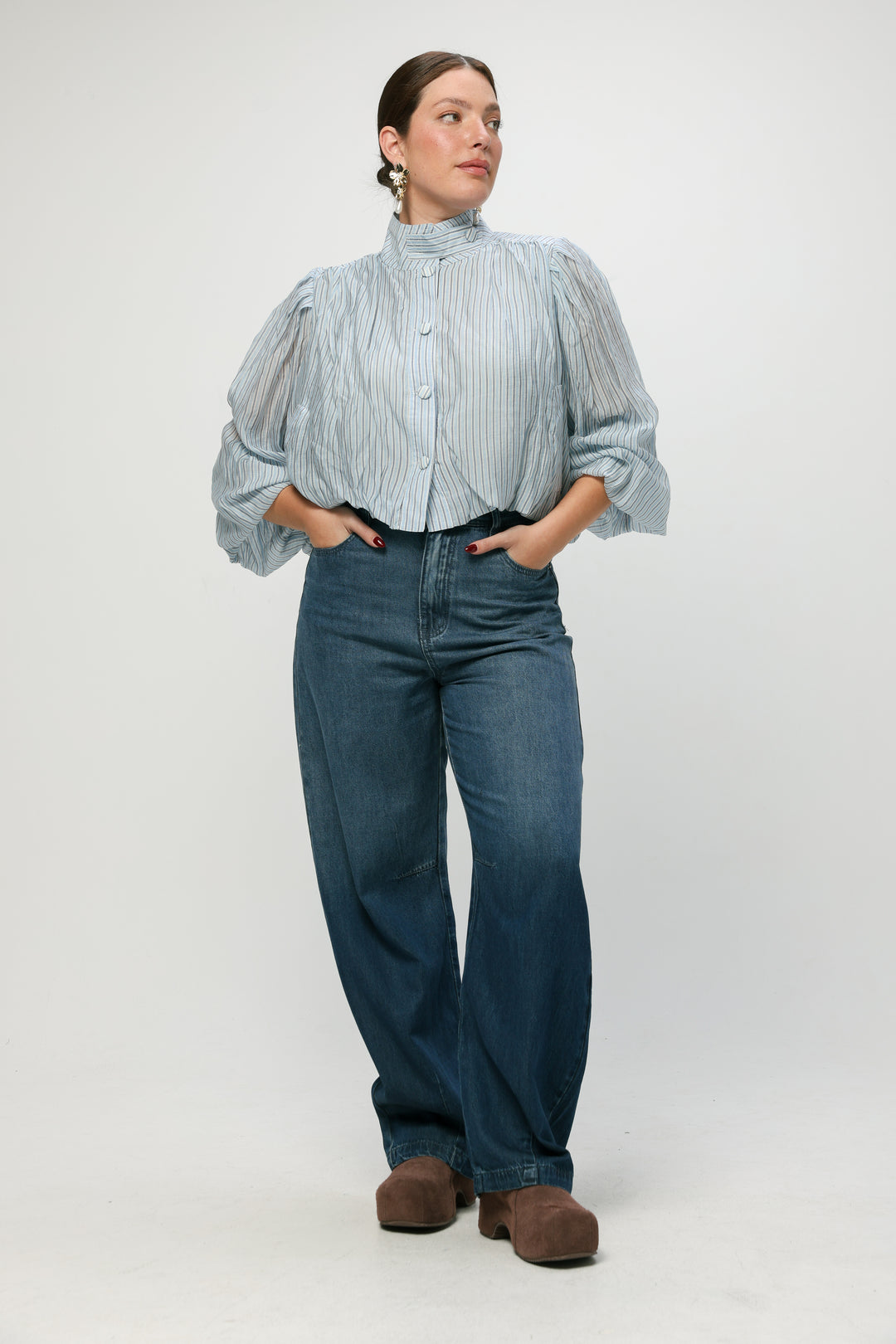 Light Blue Striped Balloon Blouse