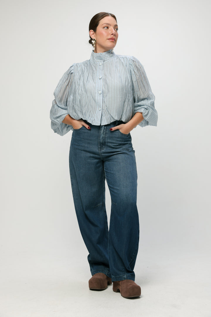 Light Blue Striped Balloon Blouse