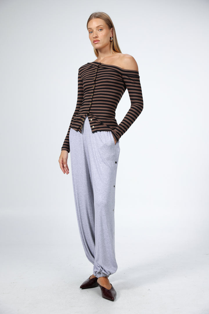 Luna Snaps Brown Stripes One Shoulder Top
