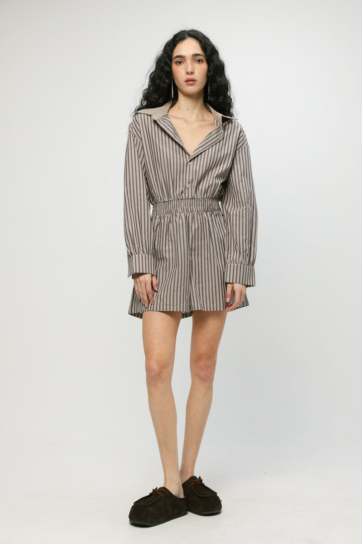 Brown Striped Buttoned Jumpsuit