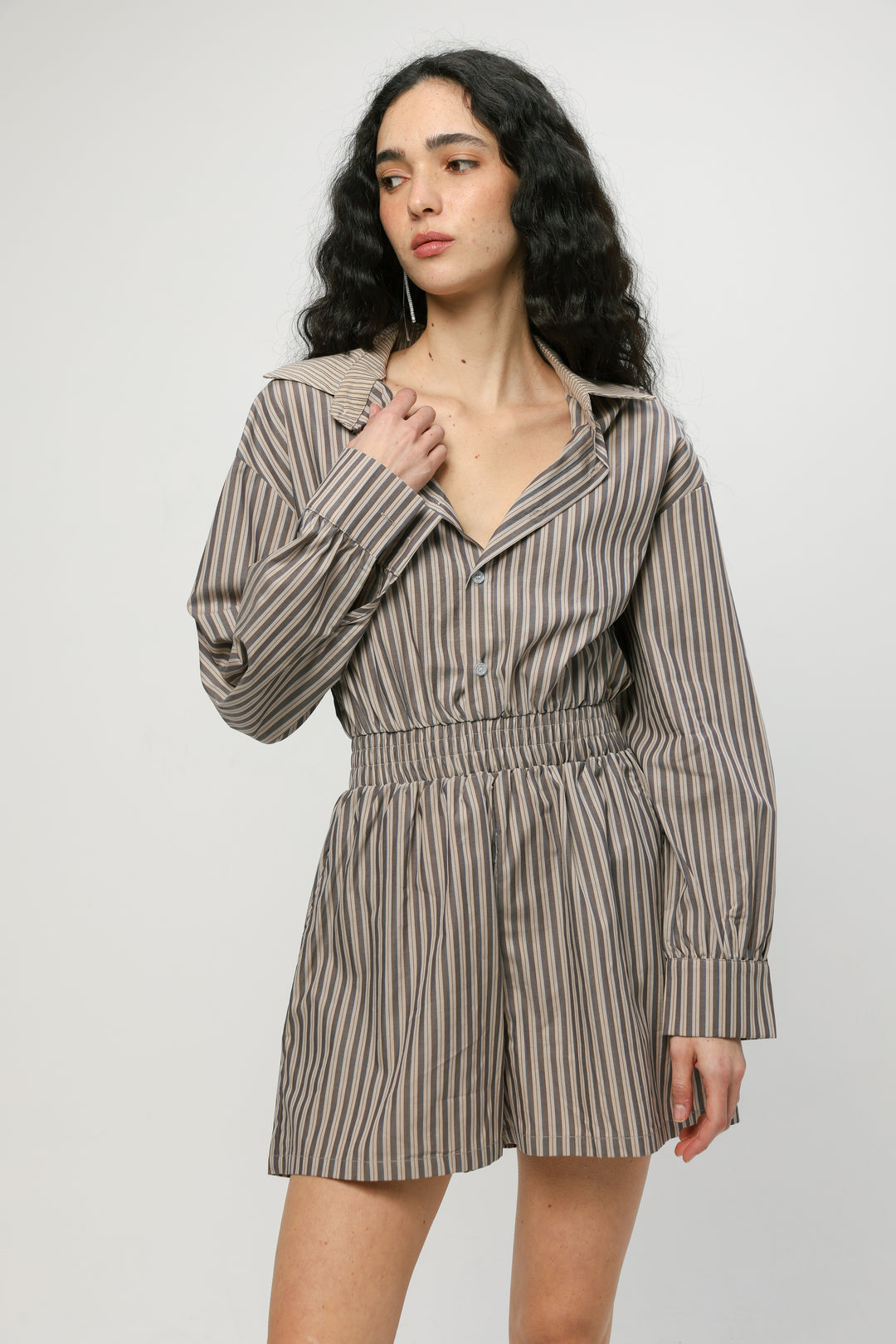 Brown Striped Buttoned Jumpsuit