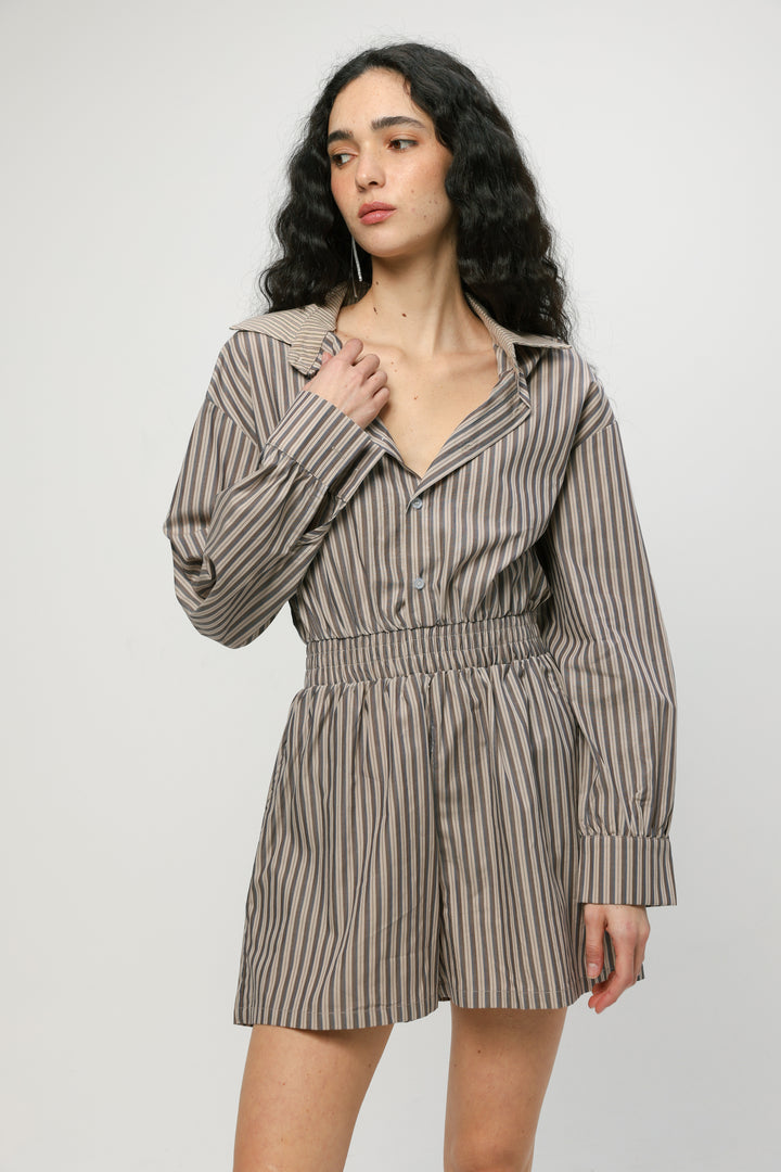 Brown Striped Buttoned Jumpsuit