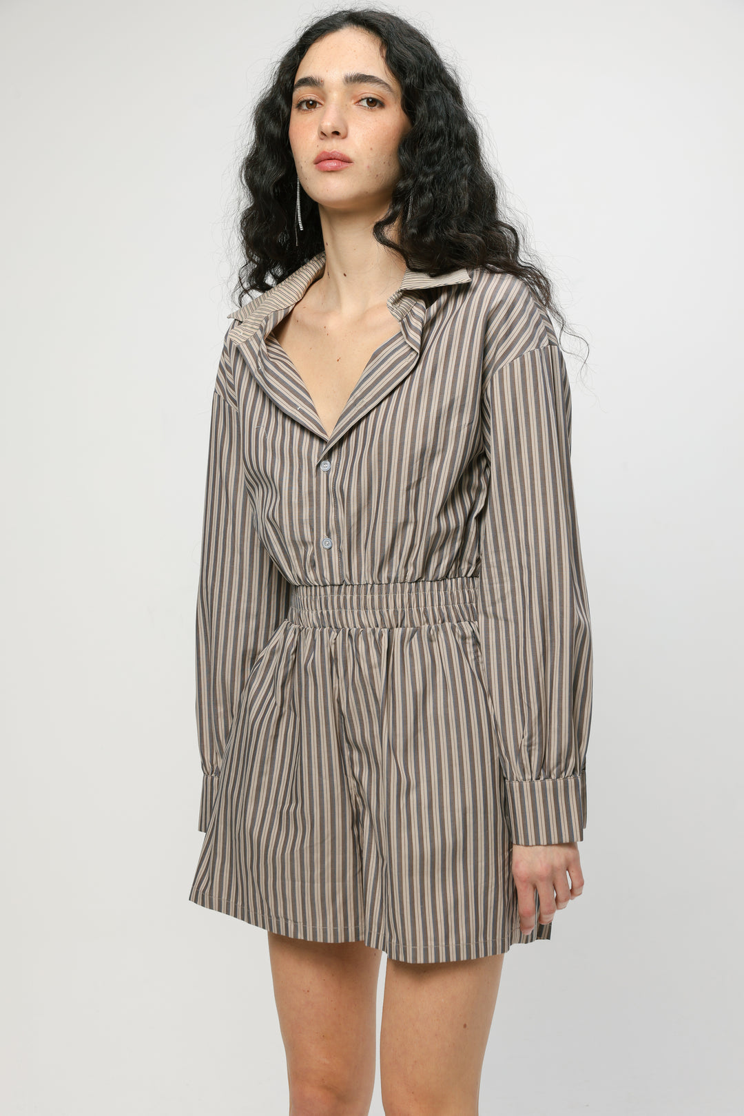 Brown Striped Buttoned Jumpsuit