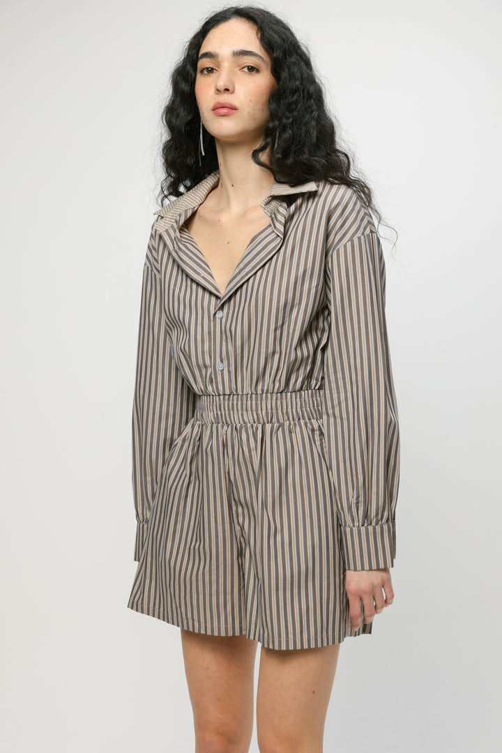 Brown Striped Buttoned Jumpsuit