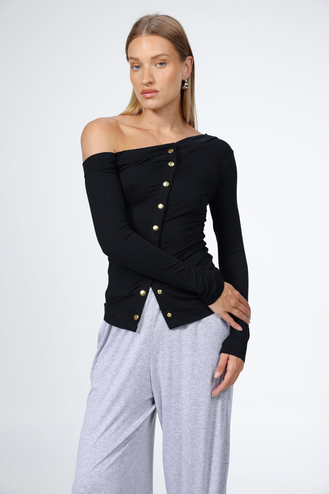 Luna Snaps Black One Shoulder Top