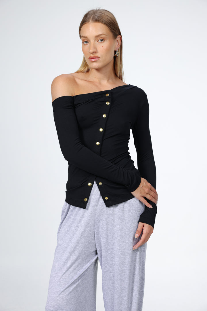 Luna Snaps Black One Shoulder Top
