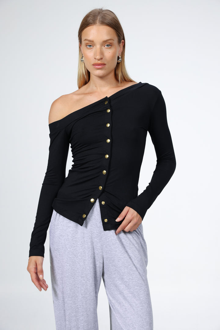 Luna Snaps Black One Shoulder Top